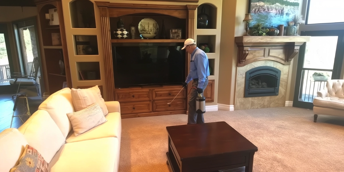 A pest control worker spraying inside of a house